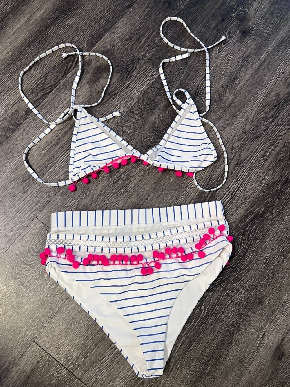 Tularosa Striped Pom Pom Bikini Set White Blue Pink Size M/L